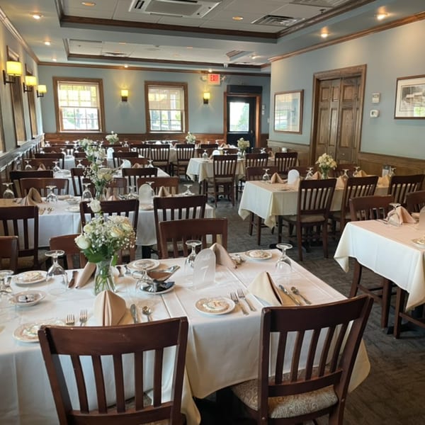 A spacious dining room with many tables set with white tablecloths, place settings, and floral centerpieces.